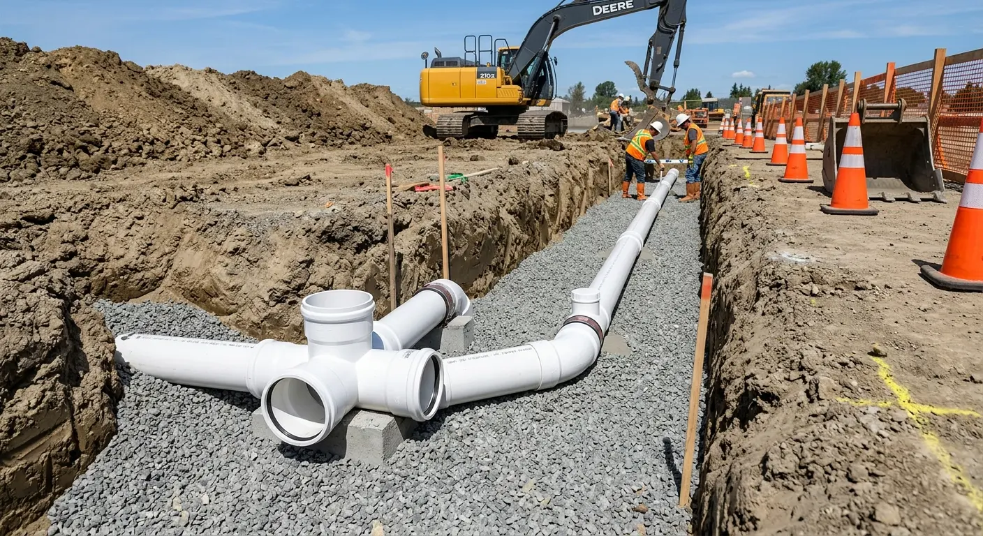 New PVC sewer pipe installation in open trench for Grease Trap Cleaning in Ocean City