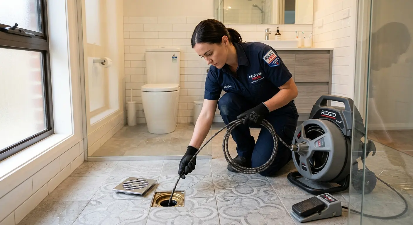 Technician clearing a bathroom floor drain for Sewer Line Installation in Ocean City